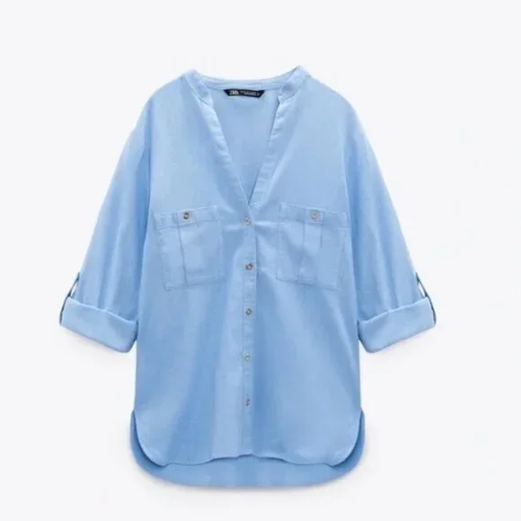 ZARA LINEN BLEND TAB SLEEVE SHIRT (Blue, XS) - Picture 1 of 6